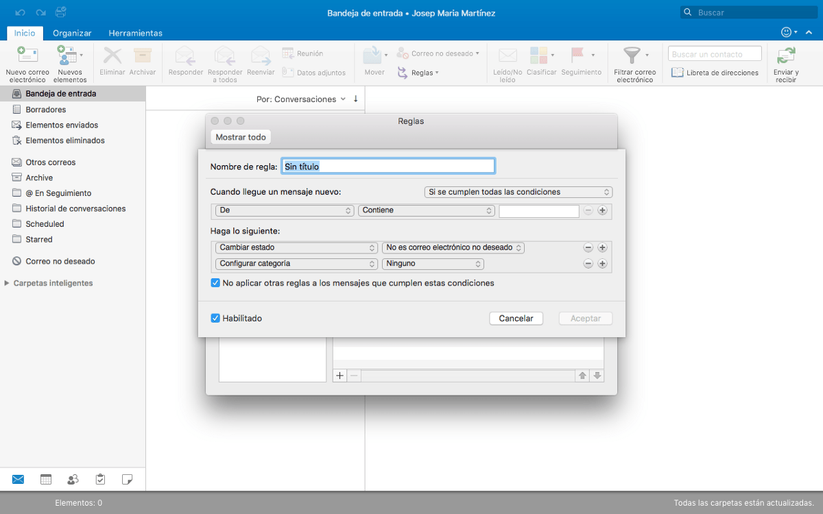 Outlook · Creación de reglas o filtros inteligentes
