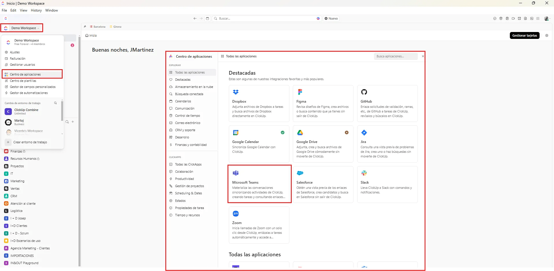 Josep Maria Martínez - Consultor ClickUp-asana-monday - La imagen muestra el app center de ClickUp para hacer la conexión con Microsoft Teams