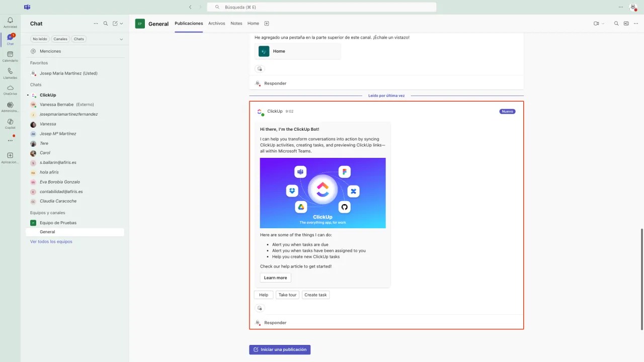 Josep Maria Martínez - Consultor ClickUp-asana-monday - La imagen muestra el bot de ClickUp ya integrado en un canal de Teams