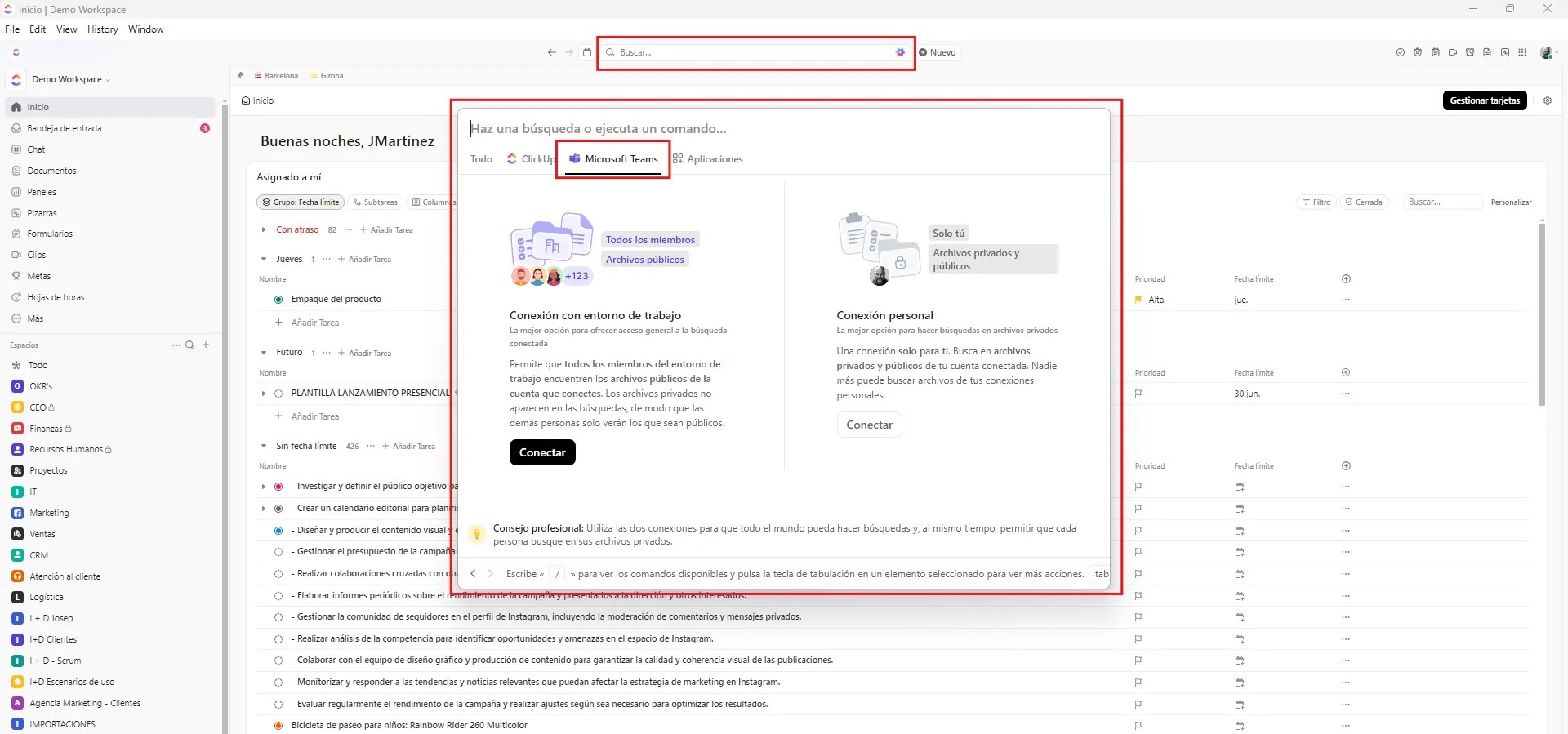 Búsqueda conectada de ClickUp