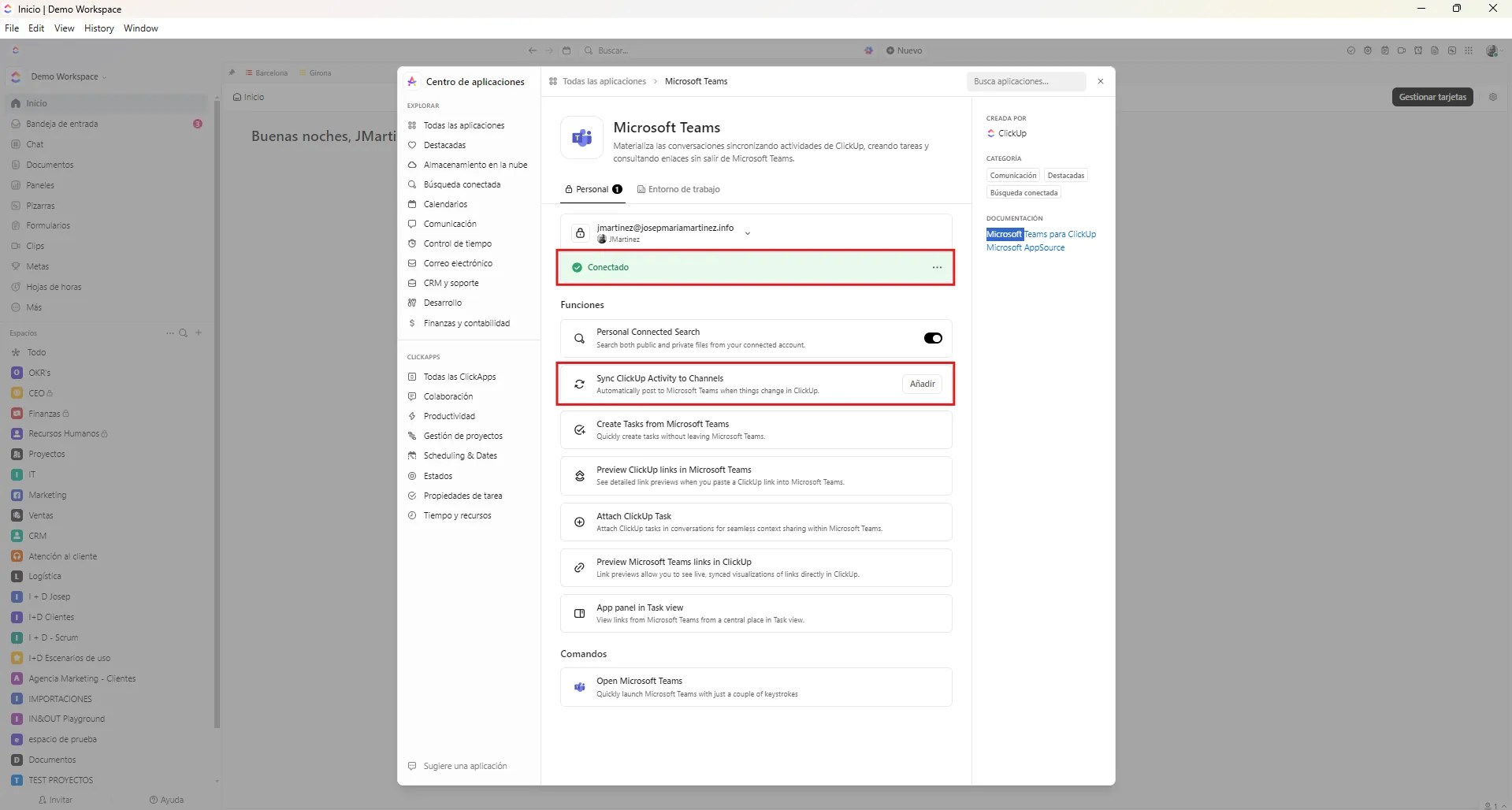 Josep Maria Martínez - Consultor ClickUp-asana-monday - La imagen muestra la conexión exitosa entre ClickUp y Teams