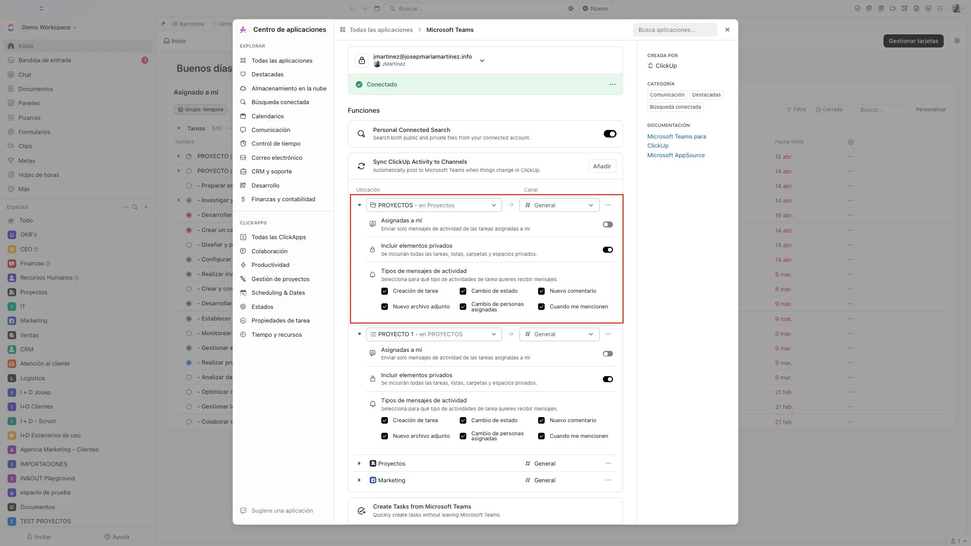 Josep Maria Martínez - Consultor ClickUp-asana-monday - La imagen muestra la configuración personal entre ClickUp y Microsoft Teams