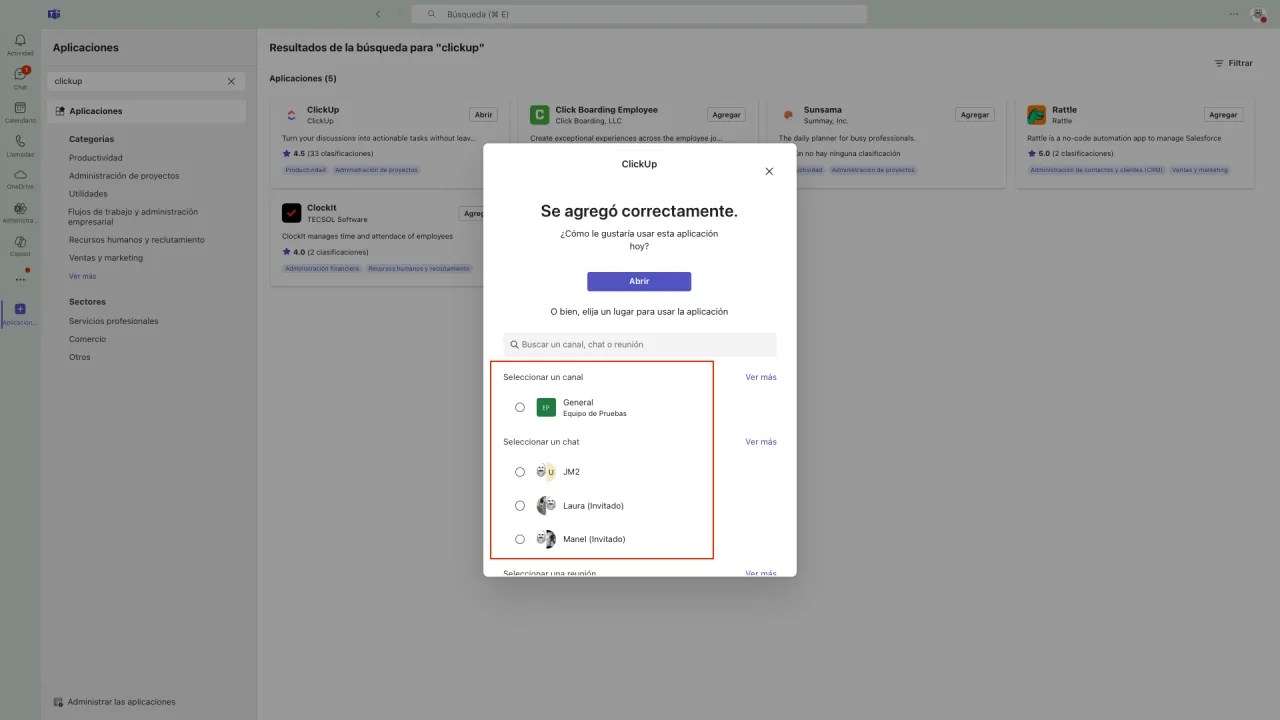 Josep Maria Martínez - Consultor ClickUp-asana-monday - La imagen muestra la opción de seleccionar canales y chats en la integración de ClickUp directa en Teams
