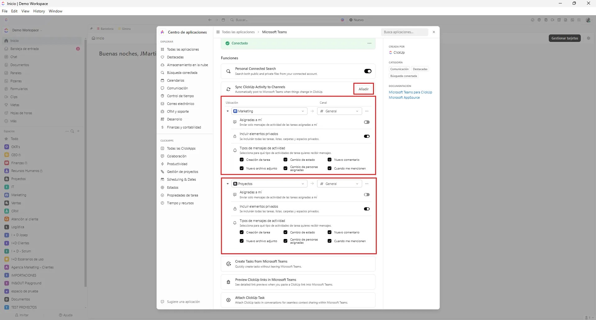 Josep Maria Martínez - Consultor ClickUp-asana-monday - La imagen muestra las posibles configuraciones entre ClickUp y Teams