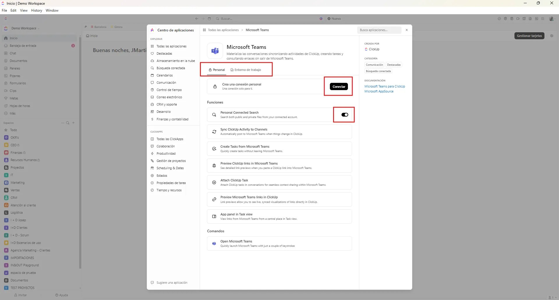 Josep Maria Martínez - Consultor ClickUp-asana-monday - La imagen muestra el app center de ClickUp y la forma de realizar la conexión personal entre ClickUp y Microsoft Teams
